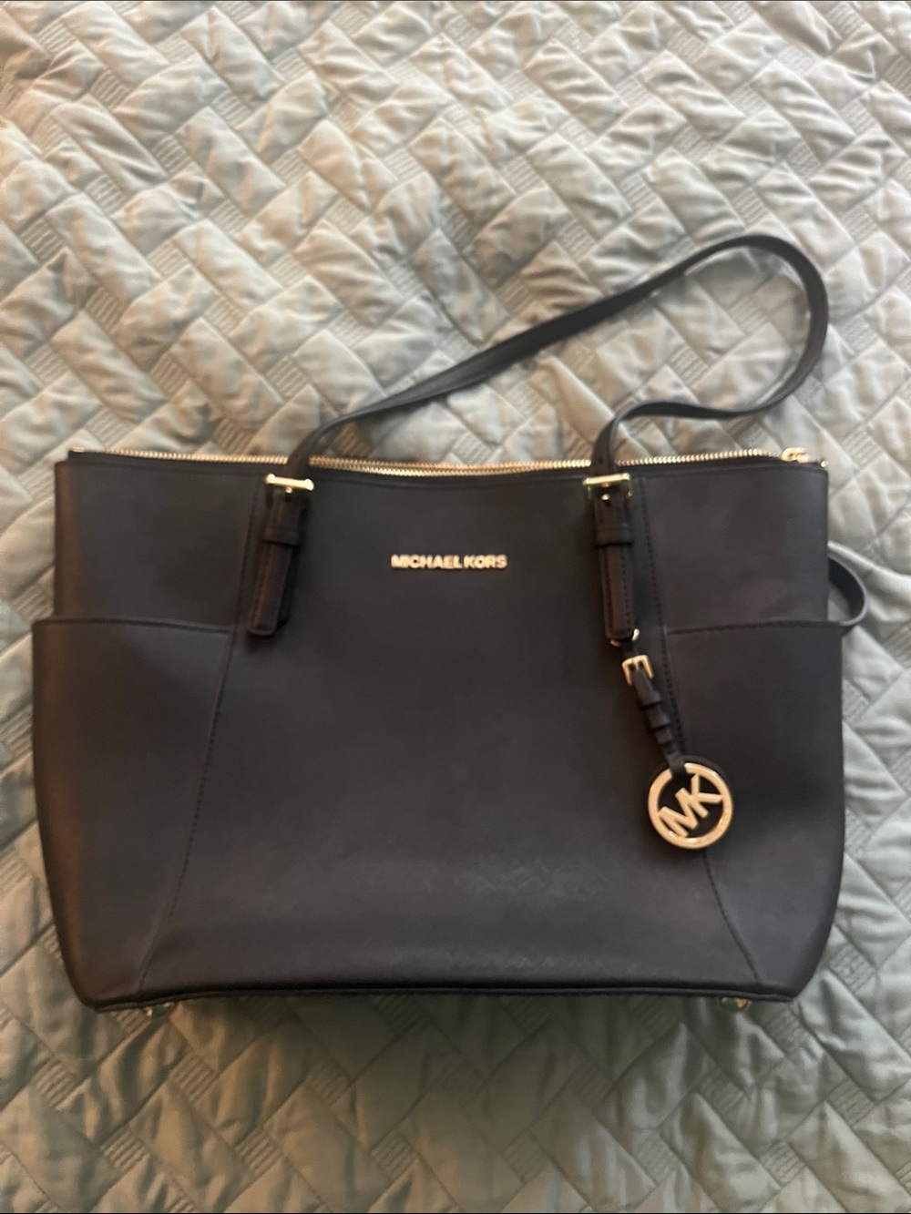 Michael Kors Black Leather Tote with Gold MK Charm